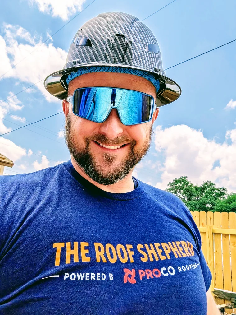 David Rodrigues on site in Central Texas in The Roof Shepherd gear and a hard hat