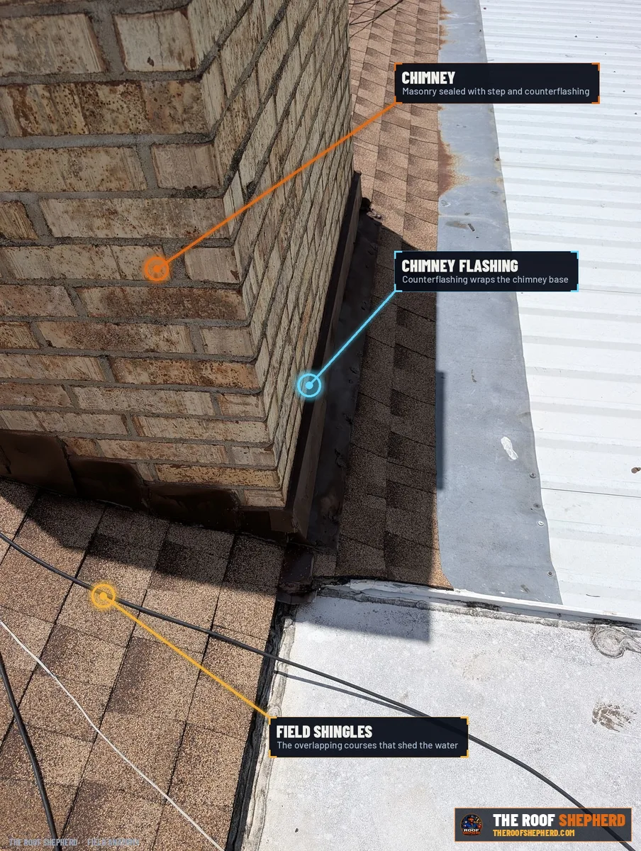 Masonry brick chimney passing through a Central Texas roof, annotated field photo