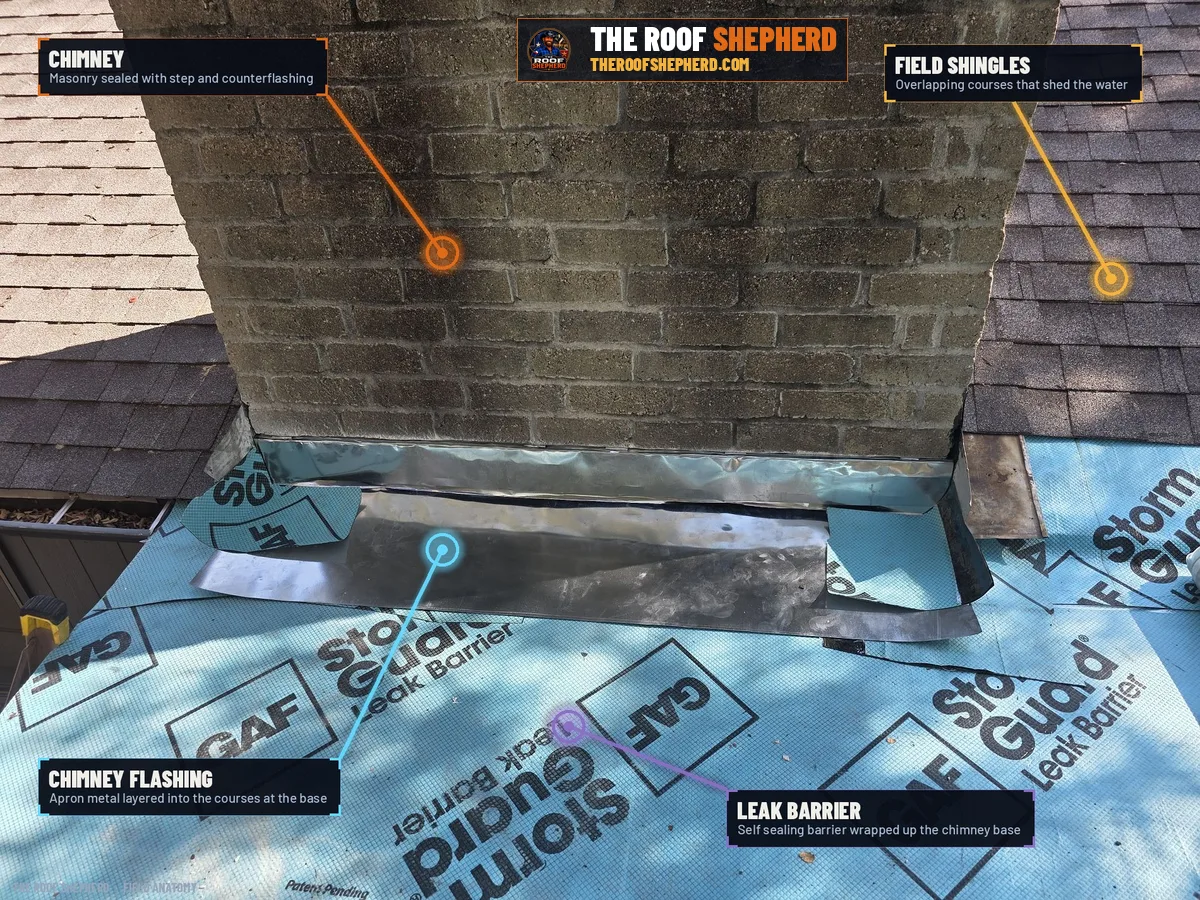 Chimney flashing on a Central Texas roof, annotated field photo