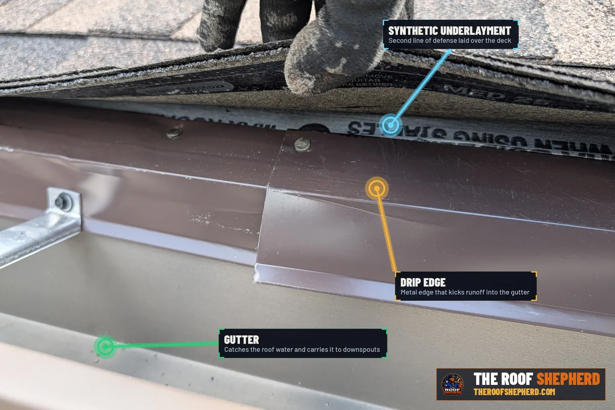 Drip edge on a Central Texas roof, annotated field photo documenting another roofer’s incorrect underlayment lap