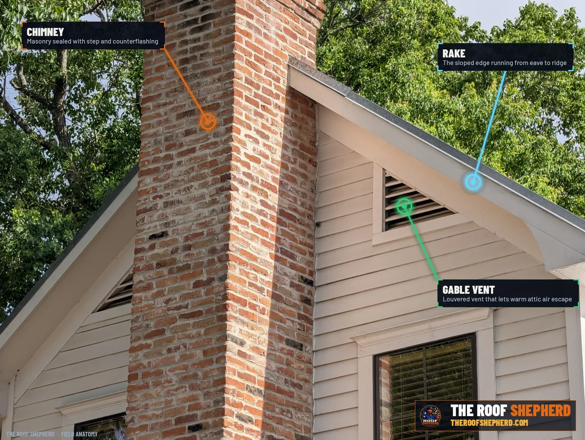 Louvered gable vent on a Central Texas home, annotated field photo