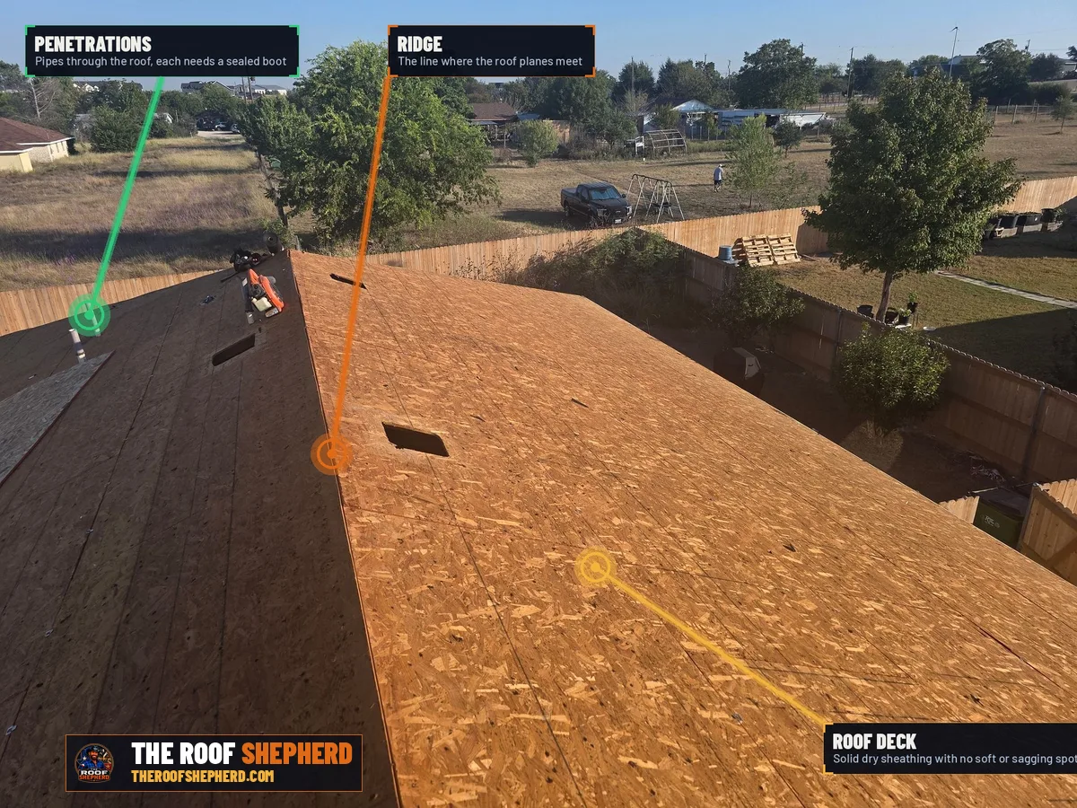 Roof deck on a Central Texas roof, annotated field photo