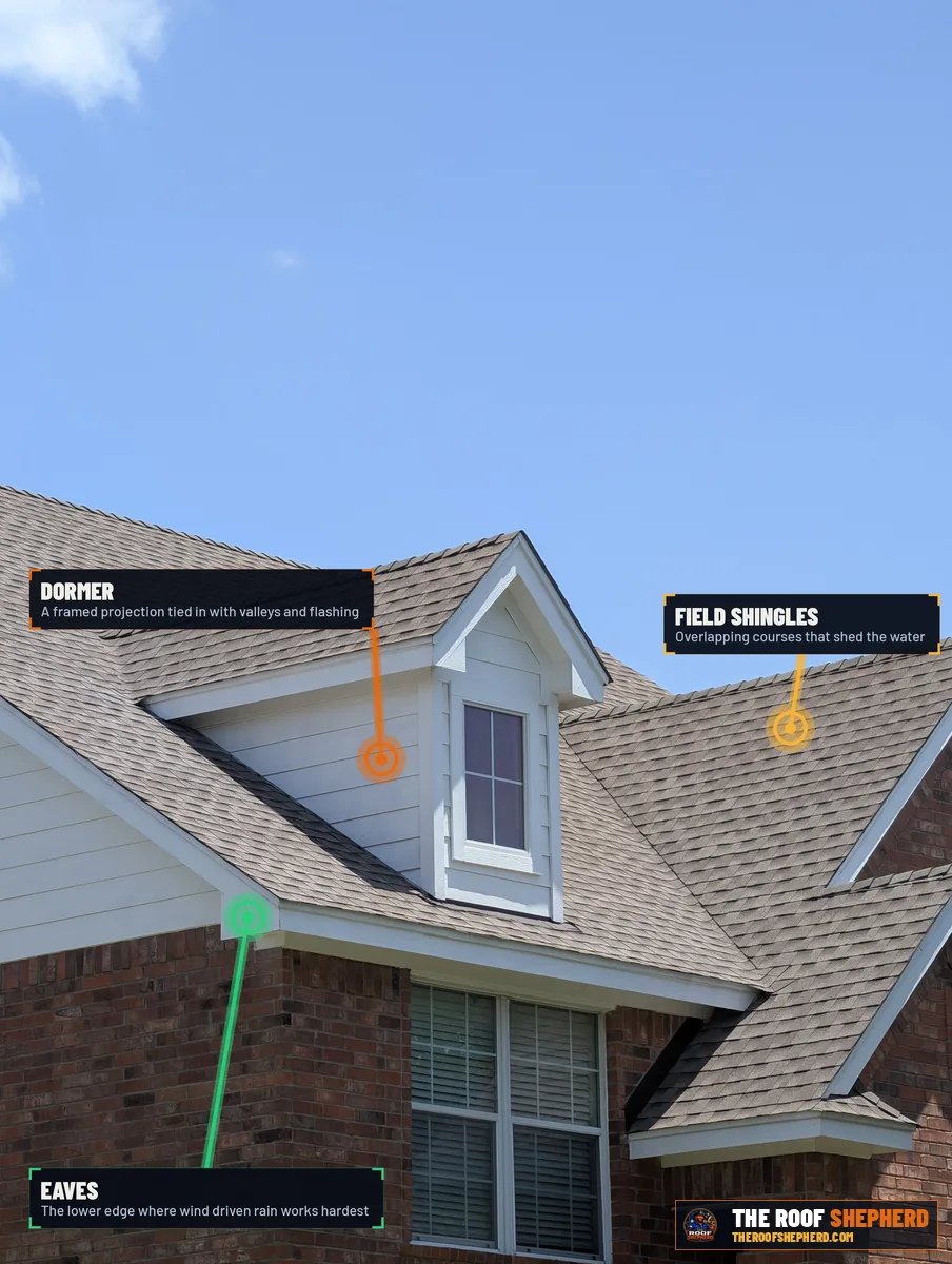 Roof dormer with window on a Central Texas home, annotated field photo