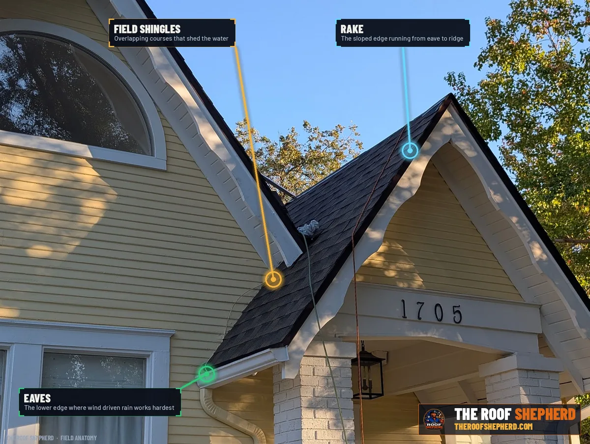 Field shingles on a Central Texas roof, annotated field photo