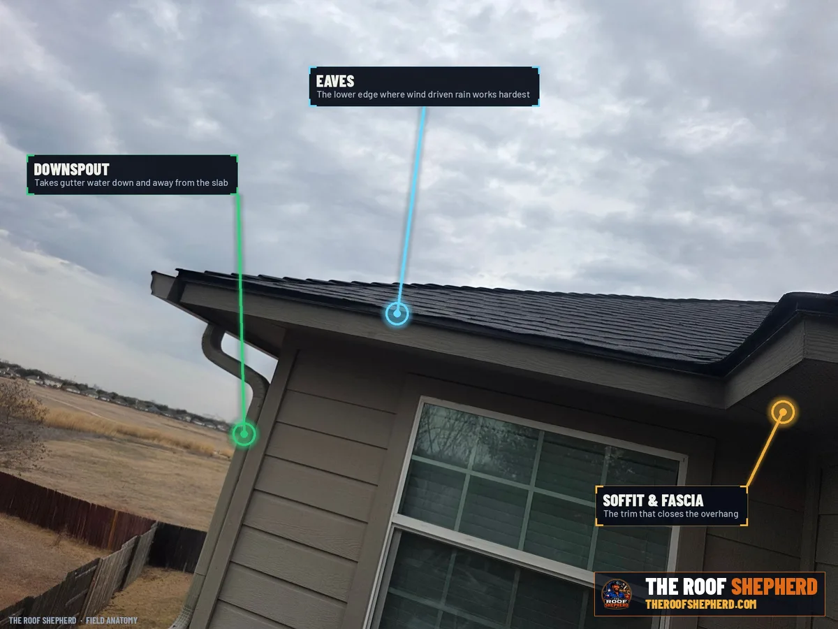 Eaves on a Central Texas roof, annotated field photo