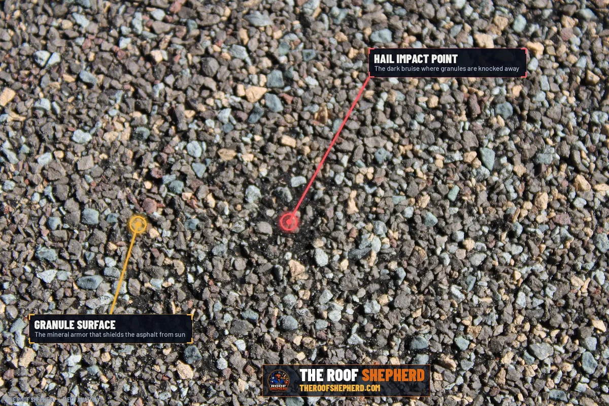 Granule surface on a Central Texas roof, annotated field photo