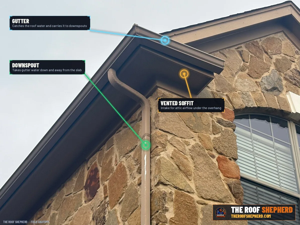 Gutter on a Central Texas roof, annotated field photo