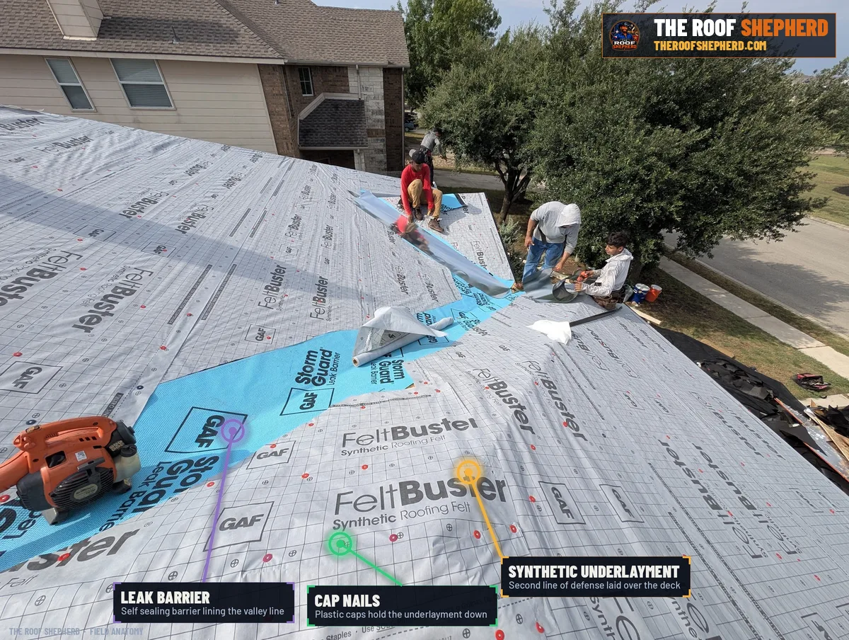 Ice & water shield on a Central Texas roof, annotated field photo
