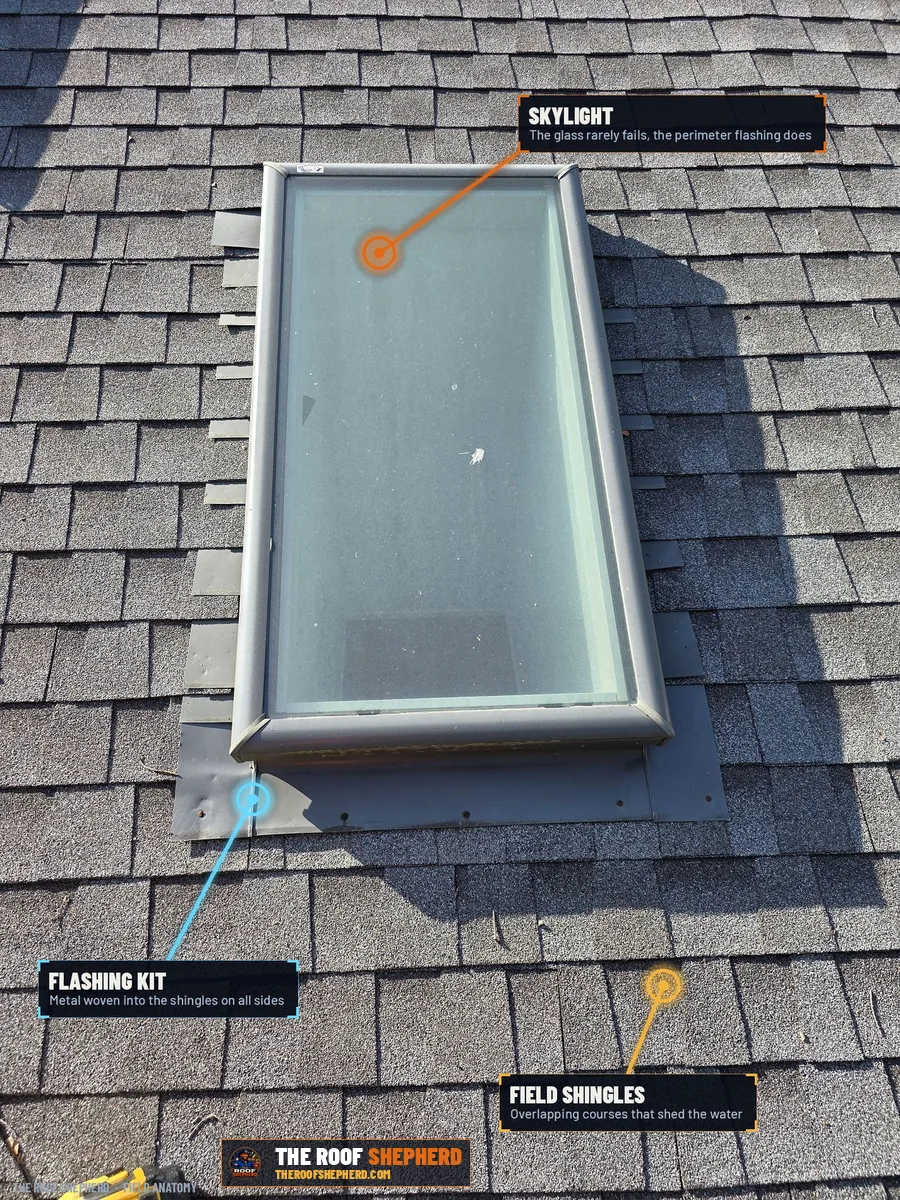 Skylight on a Central Texas roof, annotated field photo