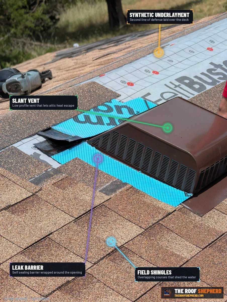 Synthetic underlayment on a Central Texas roof, annotated field photo