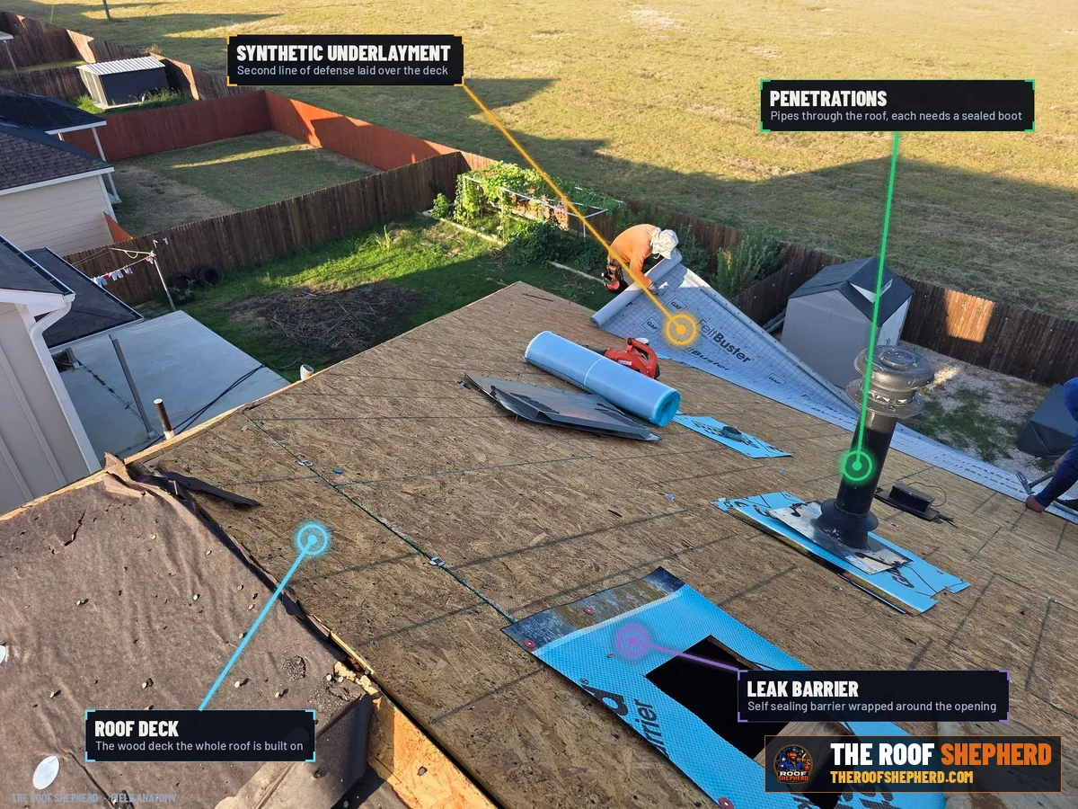 Penetrations & boots on a Central Texas roof, annotated field photo