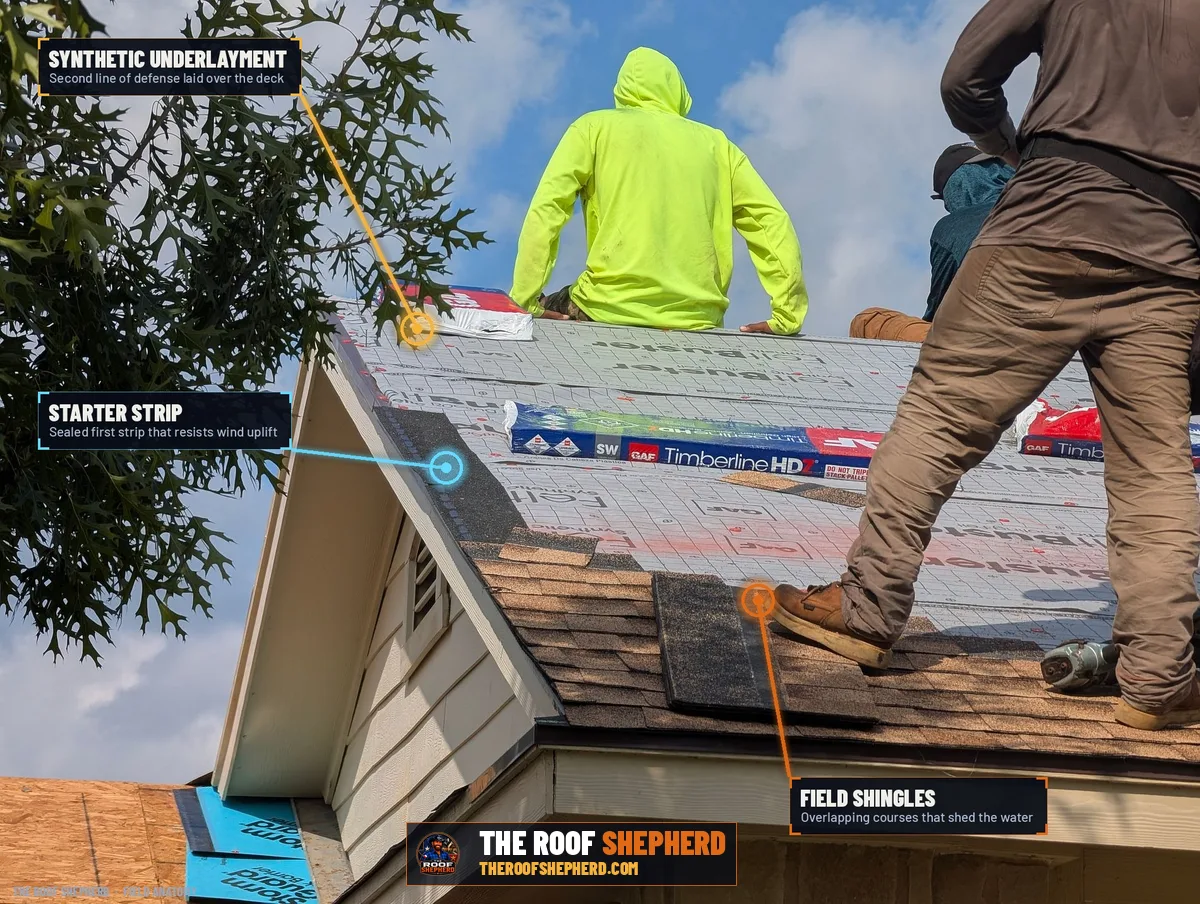 Starter strip on a Central Texas roof, annotated field photo