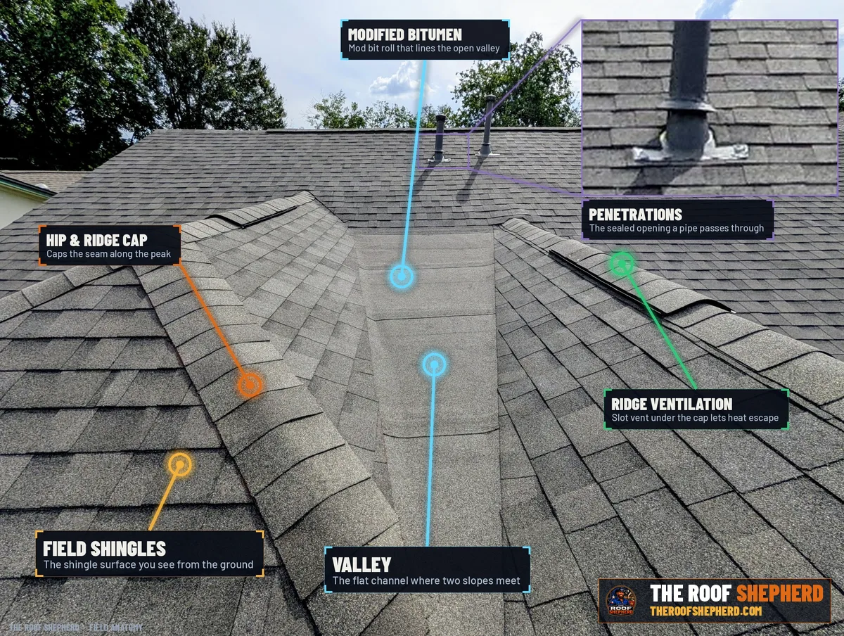 Ridge vent, hip & ridge cap on a Central Texas roof, annotated field photo