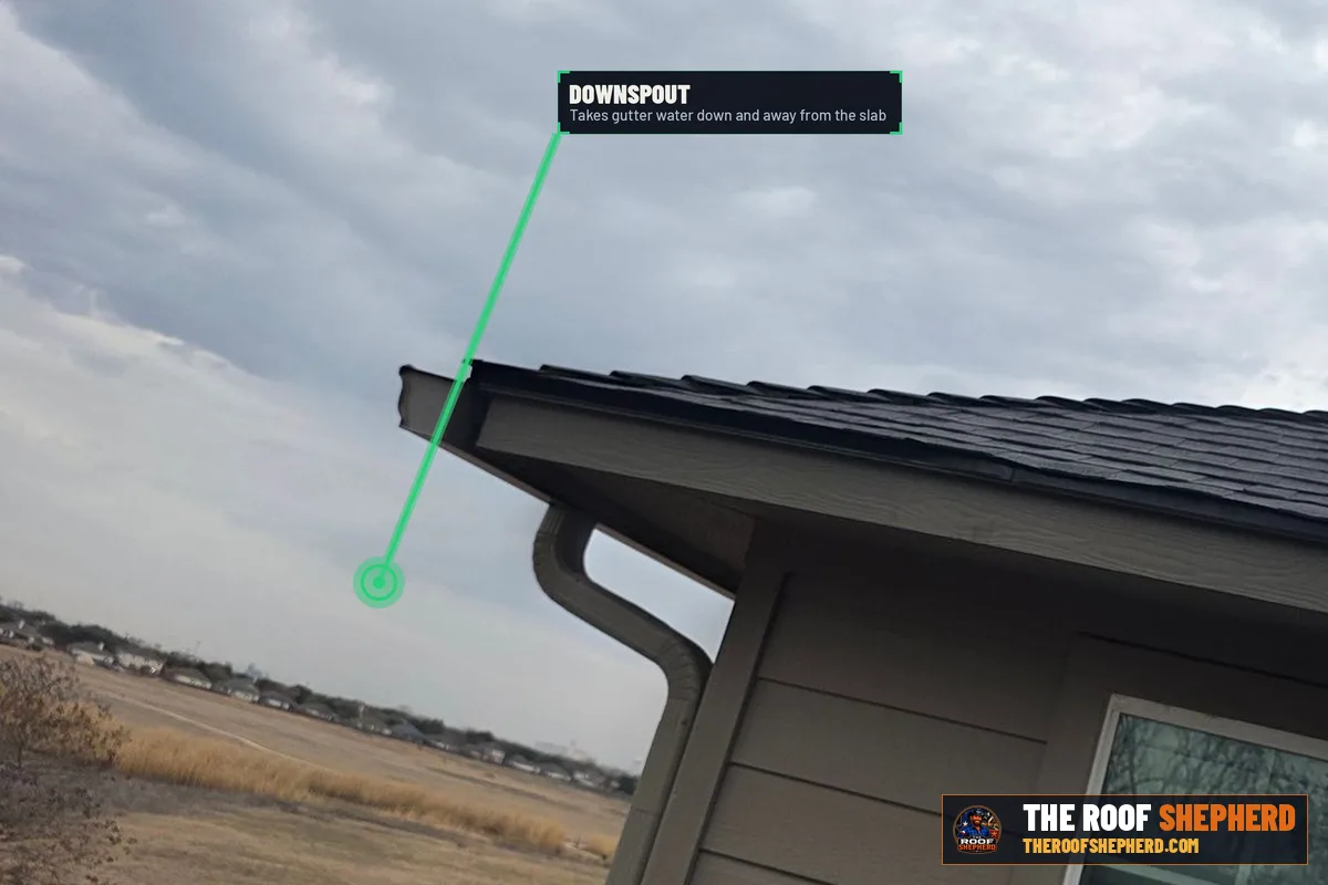 Downspout carrying roof runoff down from the gutter, annotated field photo
