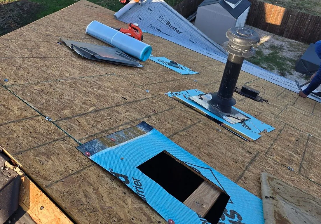 Self-adhered leak barrier membrane laid on a roof deck before shingles, Central Texas job site