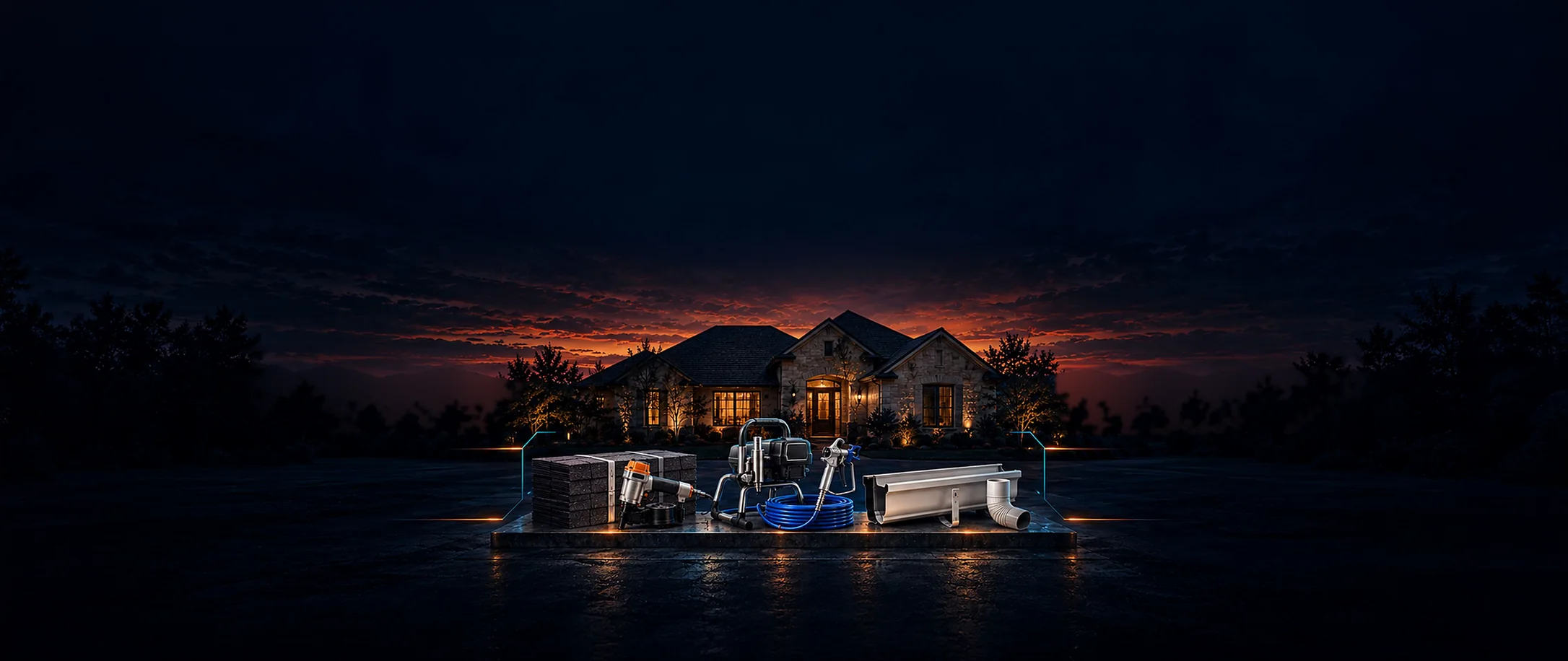 Campaign artwork: a shingle bundle and nail gun, a paint sprayer and a section of gutter laid out in front of a stone house at dusk
