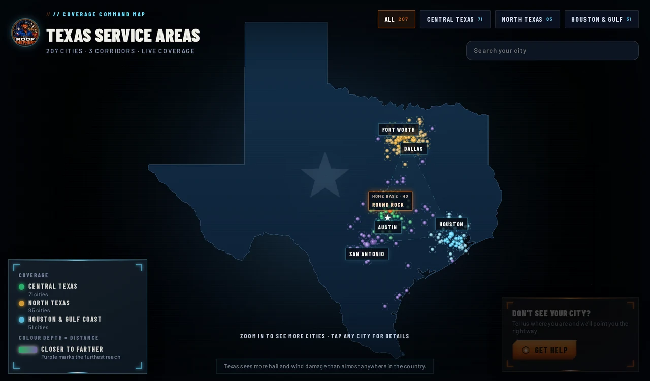 Interactive Texas coverage map preview: 207 cities across three color-coded Texas corridors, anchored from Round Rock