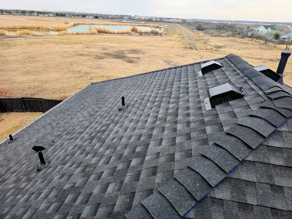Charcoal shingle roof with box vents and pipe boots, open land behind
