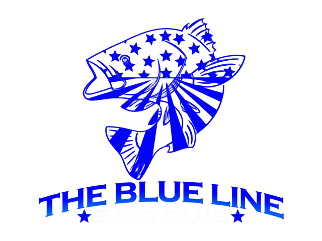 The Blue Line Bass Club logo: a leaping bass filled with stars and stripes above the words The Blue Line Bass Club