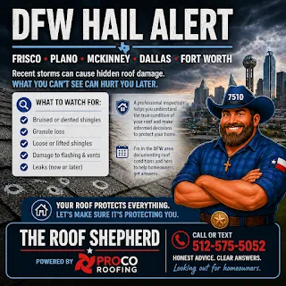 DFW hail damage warning showing roofing impact risks in Dallas Fort Worth