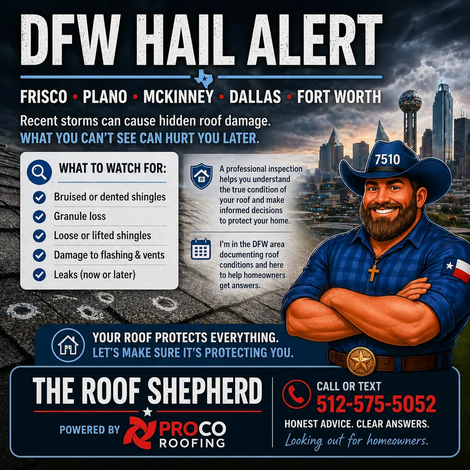 DFW hail damage warning showing roofing impact risks in Dallas Fort Worth